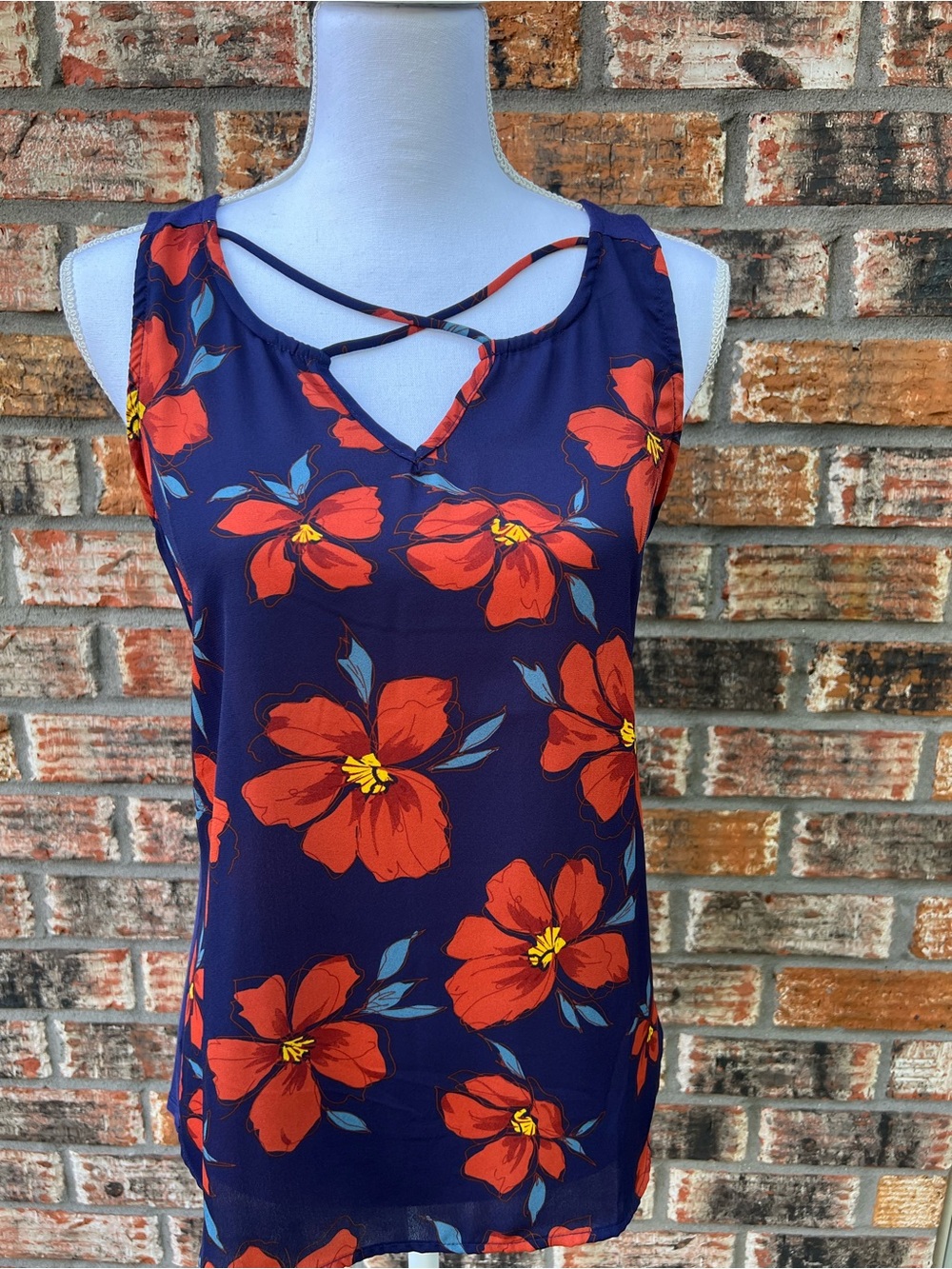 Fortune and Ivy Navy Tank Top with Red Bloom